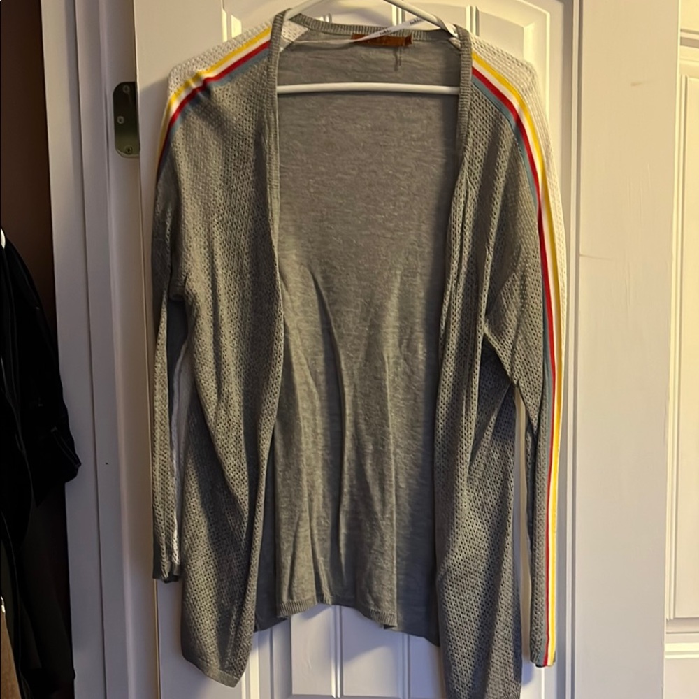 Gray Open-Front Sweater with Rainbow Stripes